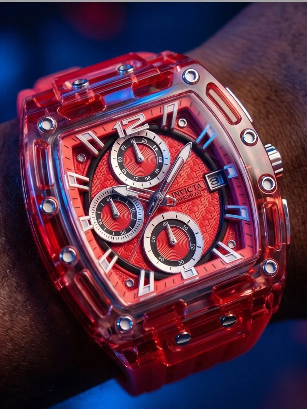Invicta Red Chronograph Watch with Translucent Case
